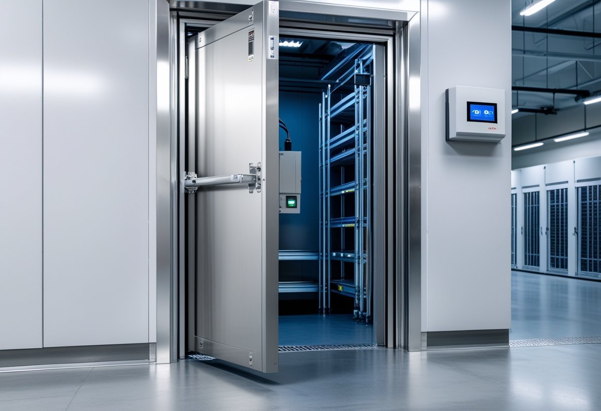 A custom-sized cold room door with a stainless steel frame and an RFID access panel in a clean cold storage facility.