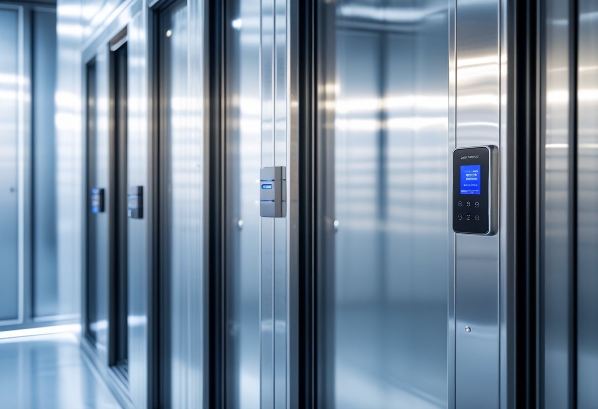 Custom-sized cold room doors with stainless steel frames and RFID access control panels in an industrial cold storage environment.