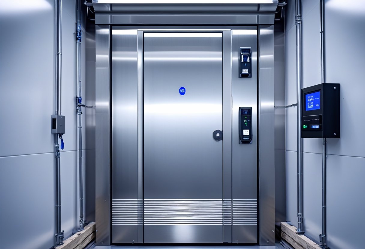 A custom-sized cold room door with a stainless steel frame and an RFID access control panel in an industrial cold storage facility.